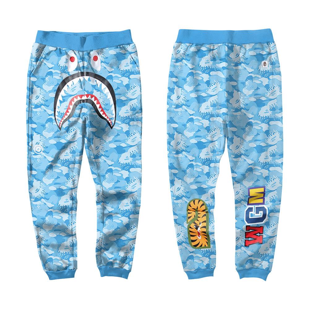 BAPE Sky Blue Camo Shark Face Graphic Jogger Pants Unisex Streetwear Sweatpants