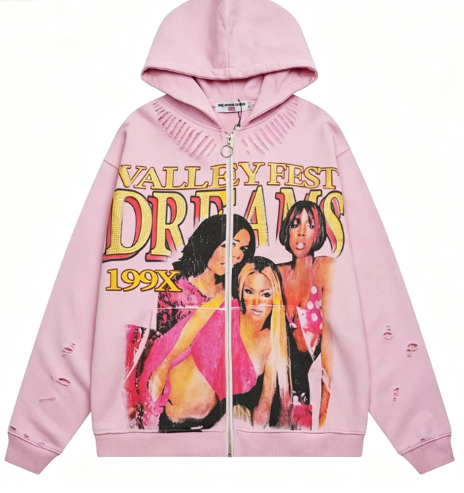 Valley Fest Dreams 199X Vintage Distressed Zip‑Up Hoodie, Unisex Pink Y2K Streetwear Jacket Hover Image