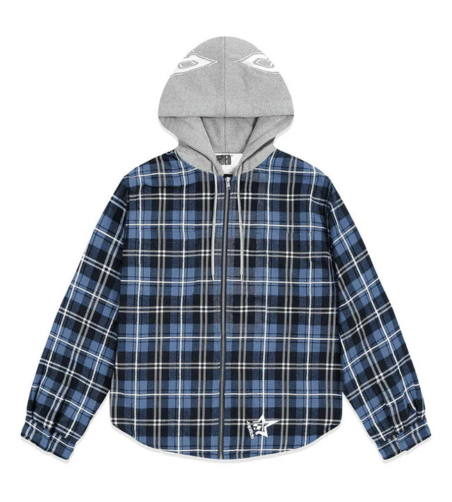 Sp5der Hooded Flannel Zip Up Blue Hover Image
