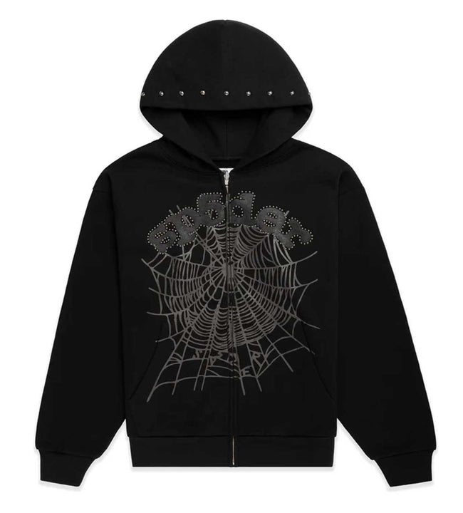 Sp5der OG Web Studded Zip Hoodie Black Hover Image