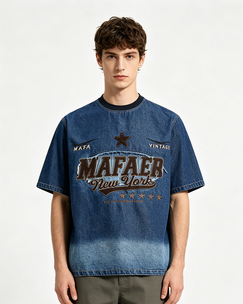 Gradient denim washed short-sleeved shirt