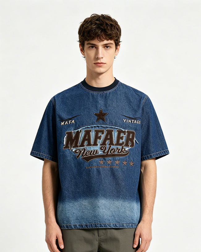Gradient denim washed short-sleeved shirt Hover Image