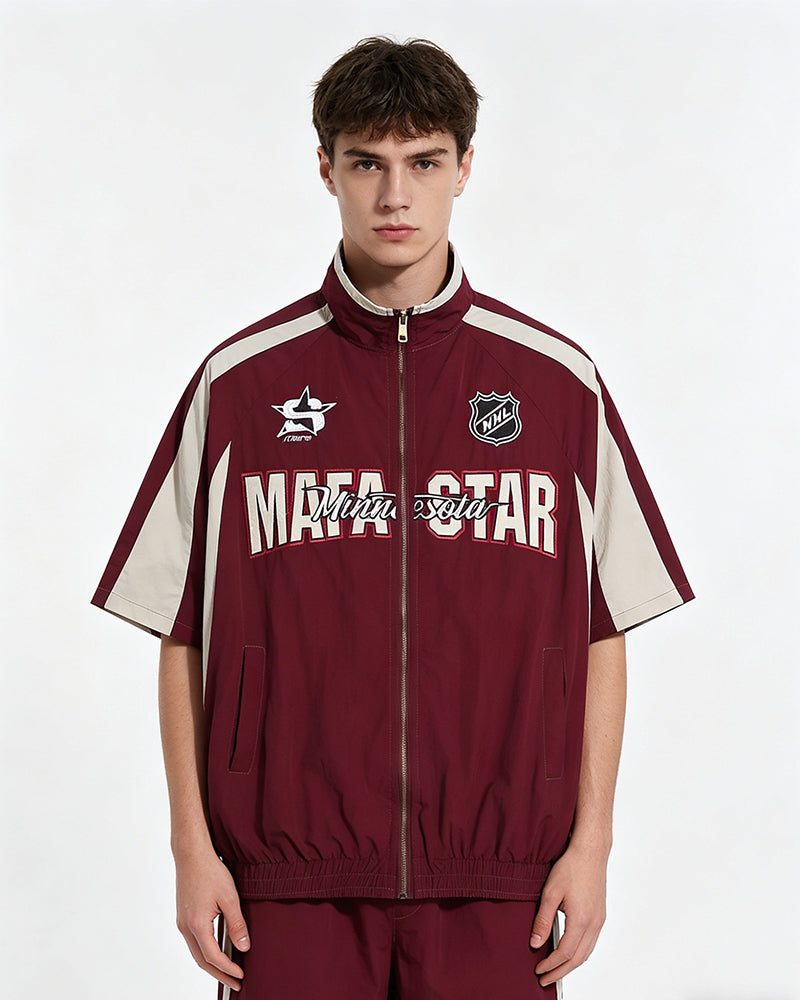 American retro patchwork sports short-sleeved jacket
