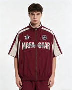 American retro patchwork sports short-sleeved jacket