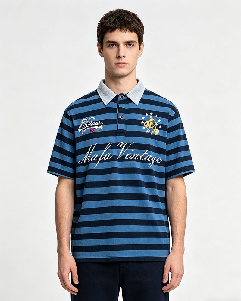Retro striped embroidered short-sleeved shirt