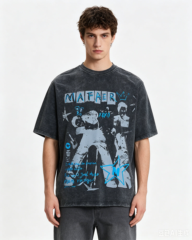 Vintage washed distressed short-sleeved shirt