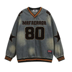 Retro distressed washed denim long sleeves
