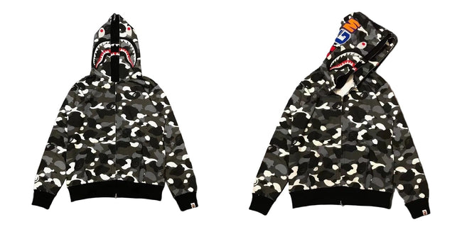 BAPE Shark Camo Full Zip Hoodie Black Grey Hover Image