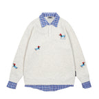 Spliced plaid fake two-piece polo sweatshirt