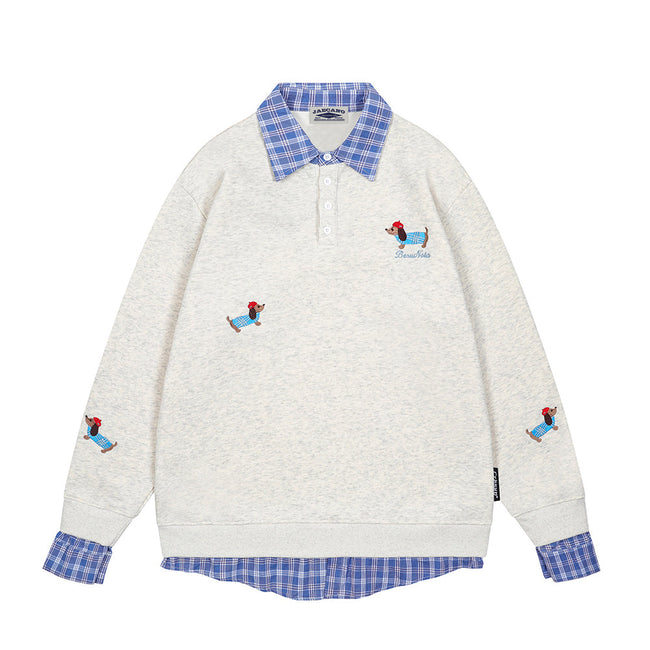 Spliced plaid fake two-piece polo sweatshirt Hover Image