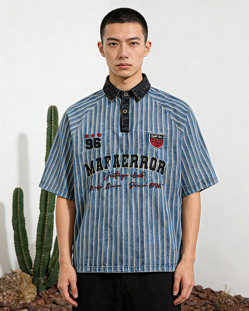 Washed striped short-sleeved shirt