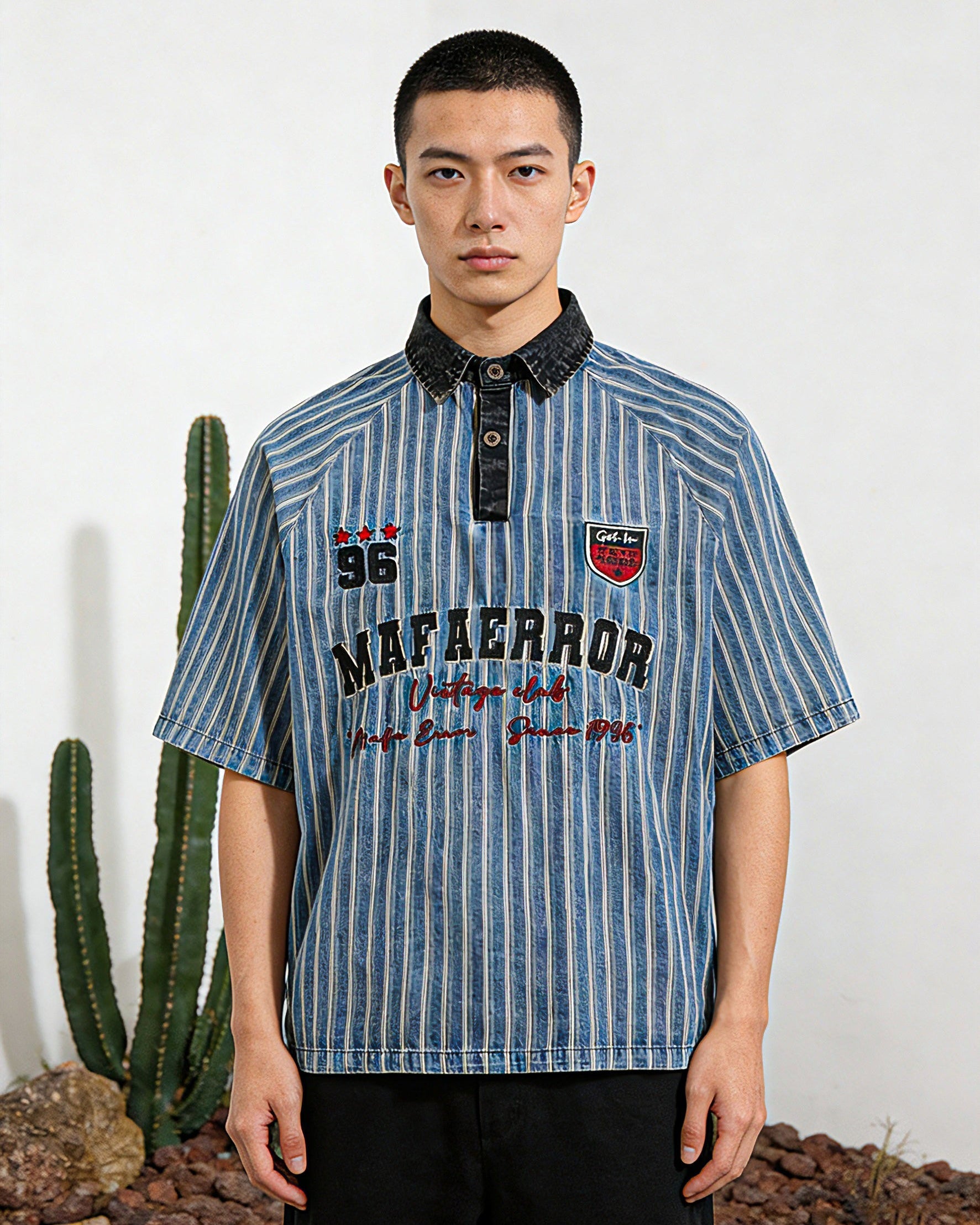 Washed striped short-sleeved shirt