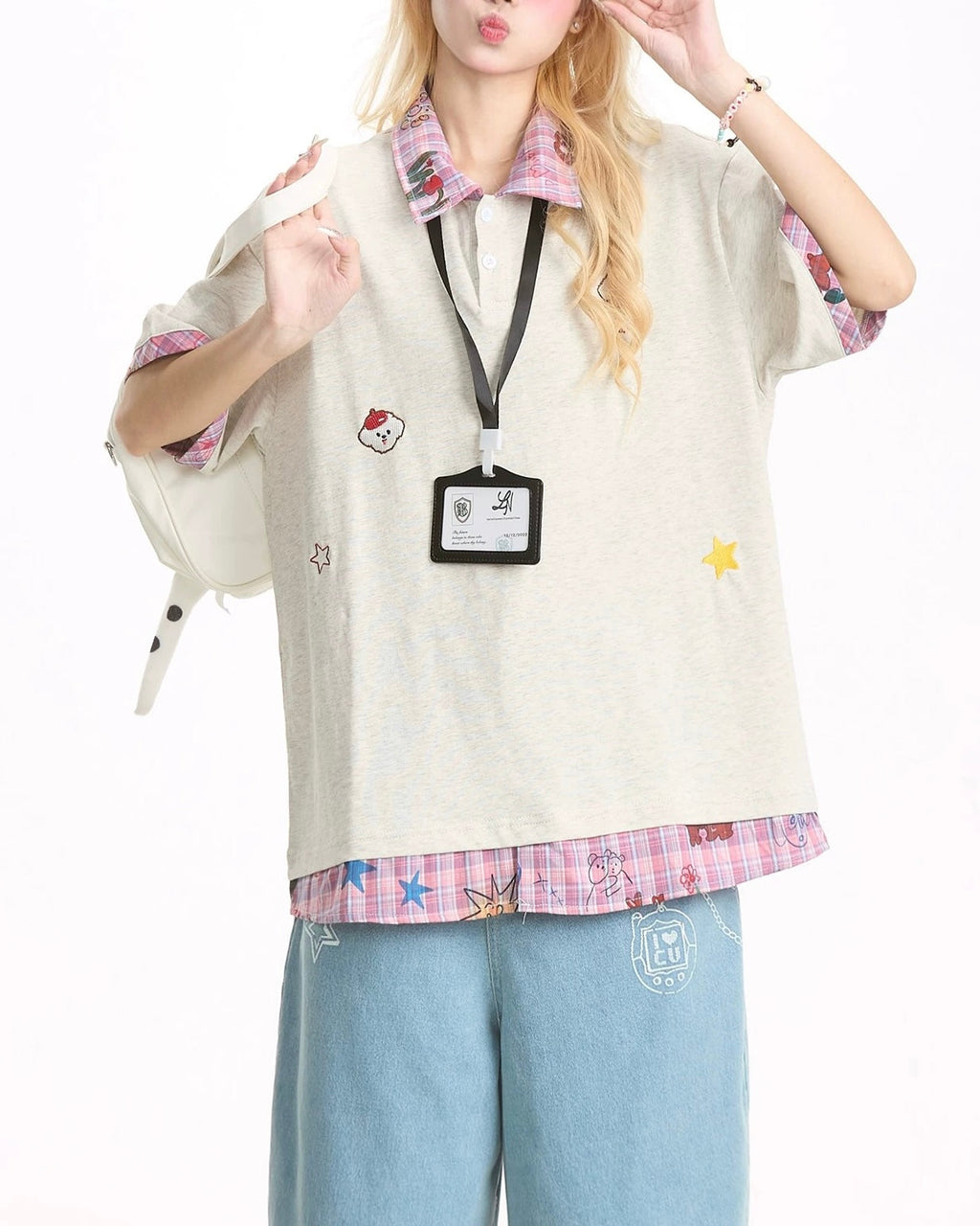 Plaid patchwork fake two-piece short sleeves