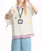 Plaid patchwork fake two-piece short sleeves