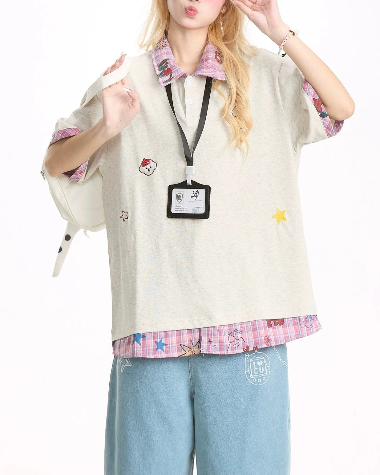 Plaid patchwork fake two-piece short sleeves