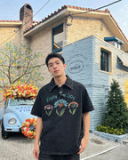 American washed distressed floral lapel short sleeves