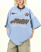 Contrast color denim short sleeves