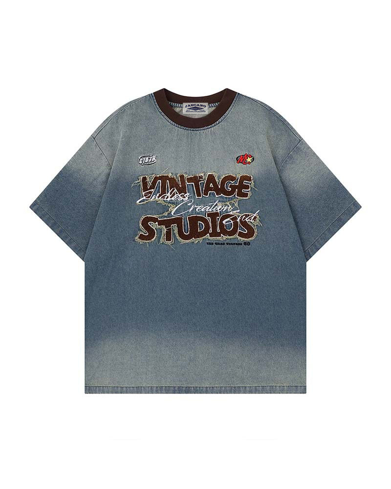 Washed denim short sleeves