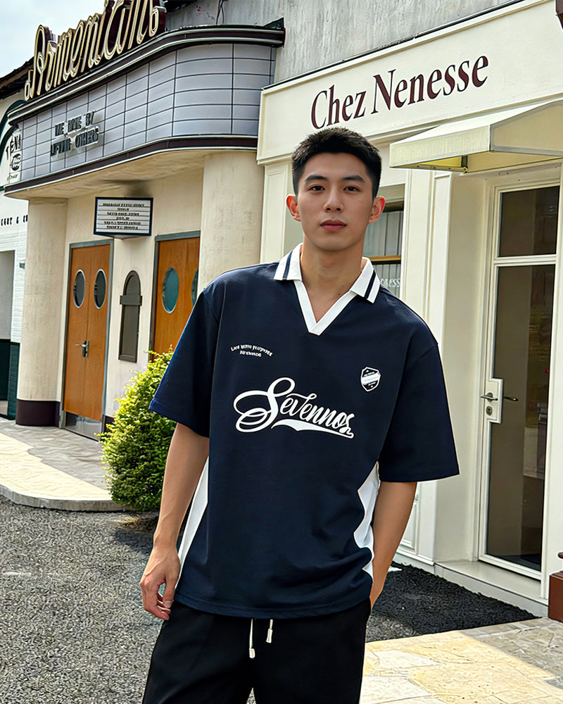 Contrast color stitching polo short sleeves