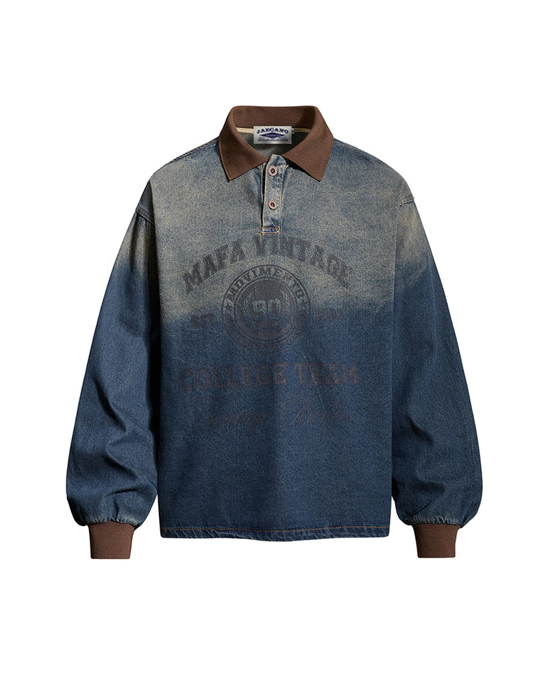 Distressed gradient denim long-sleeved shirt