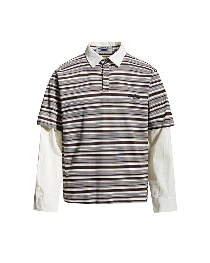 Retro-style faux two-piece polo long-sleeved shirt