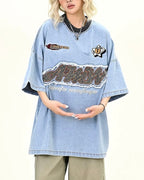 Contrast color denim short sleeves