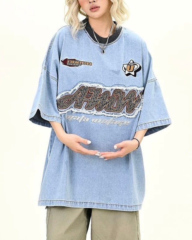 Contrast color denim short sleeves