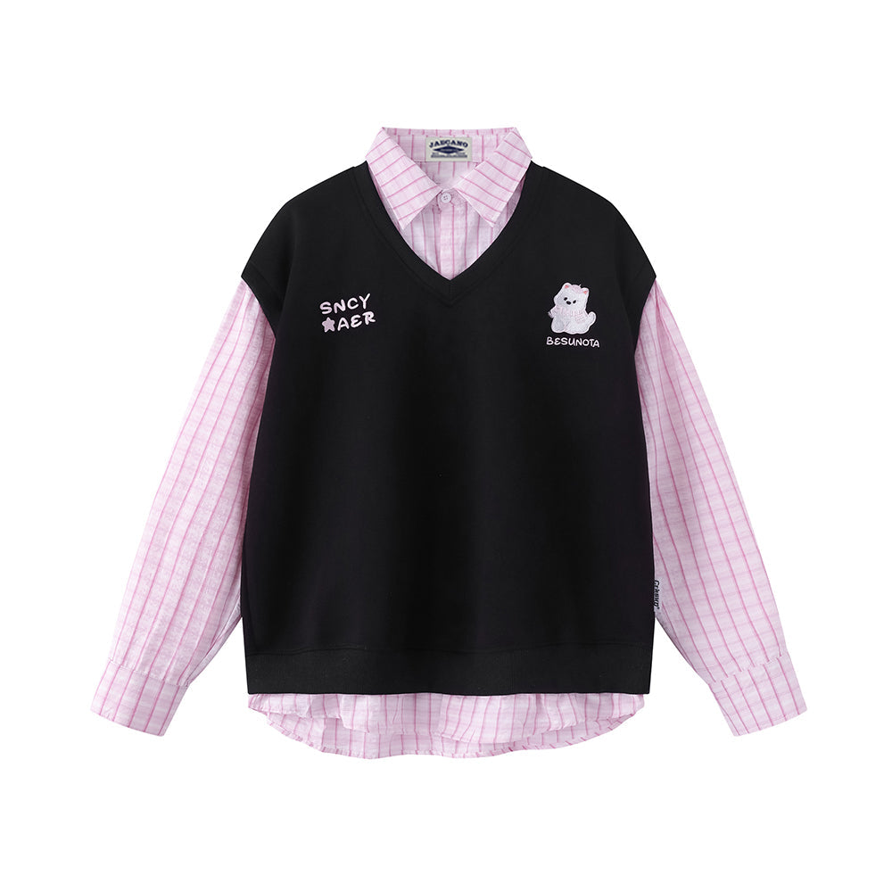 Retro patchwork fake two-piece sweatshirt
