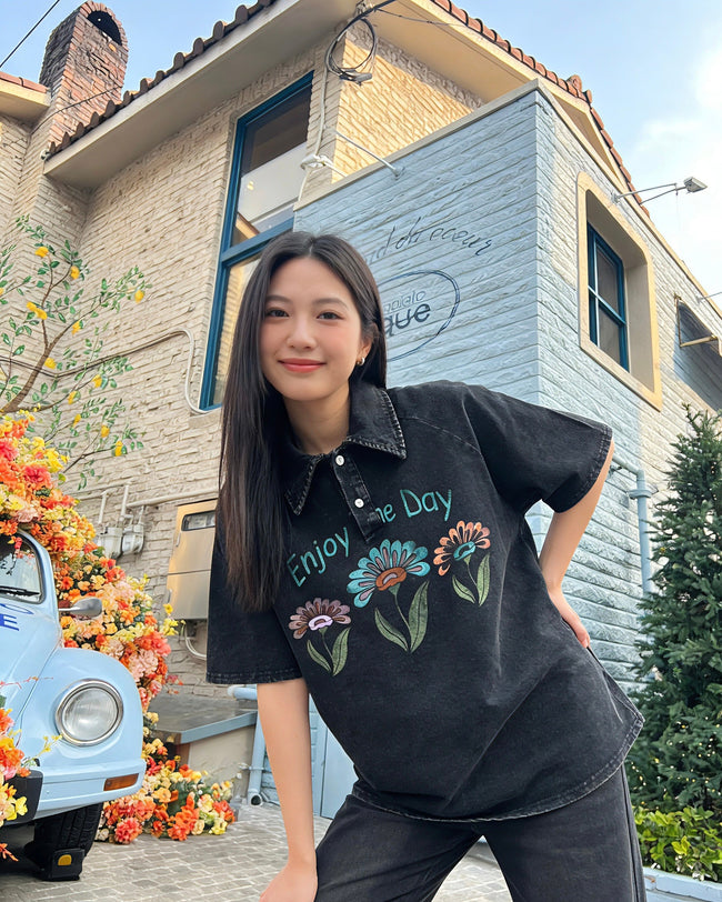 American washed distressed floral lapel short sleeves Hover Image