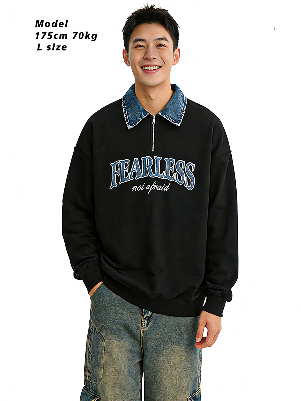American retro version zipper denim lapel sweatshirt
