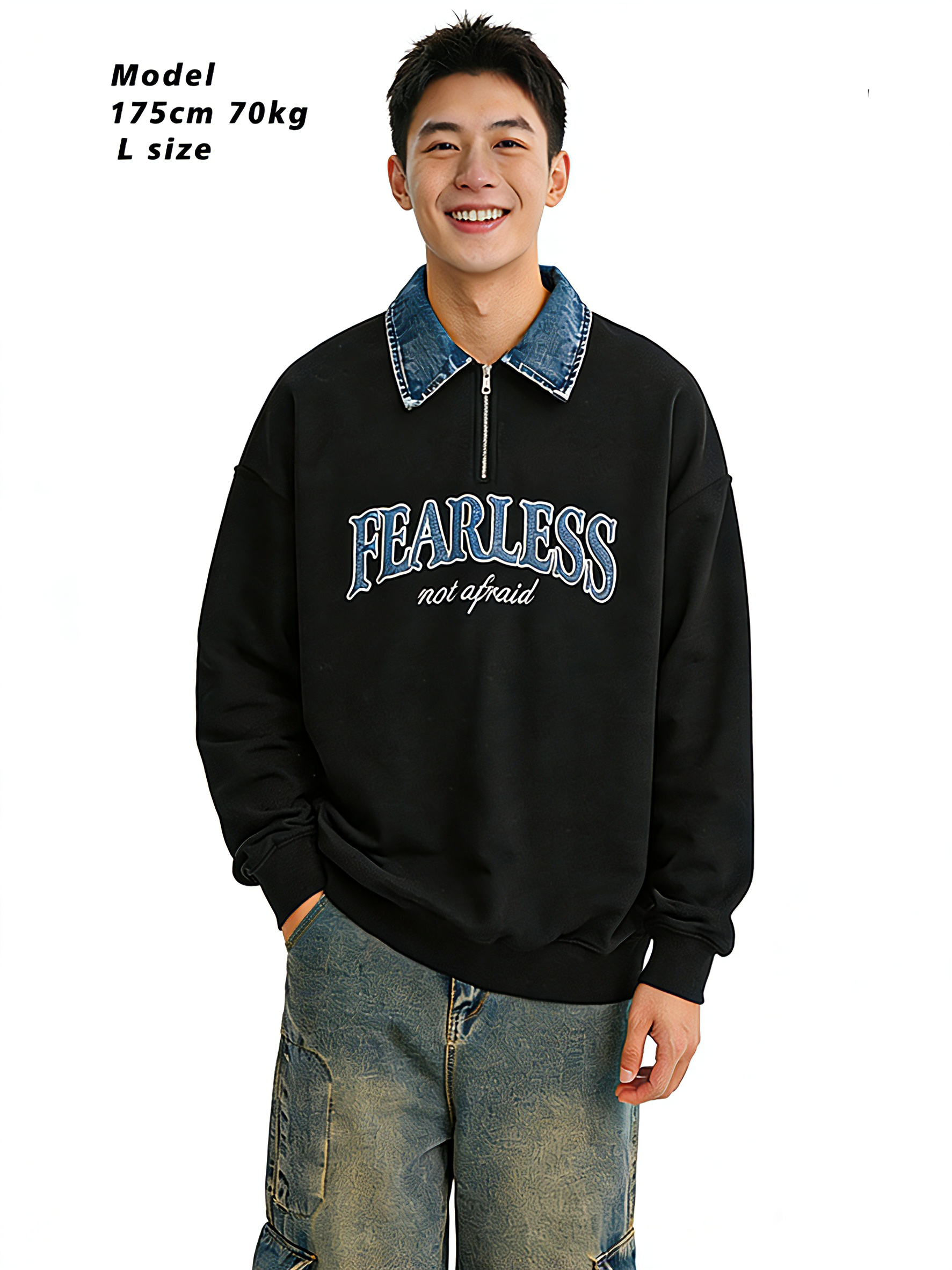 American retro version zipper denim lapel sweatshirt