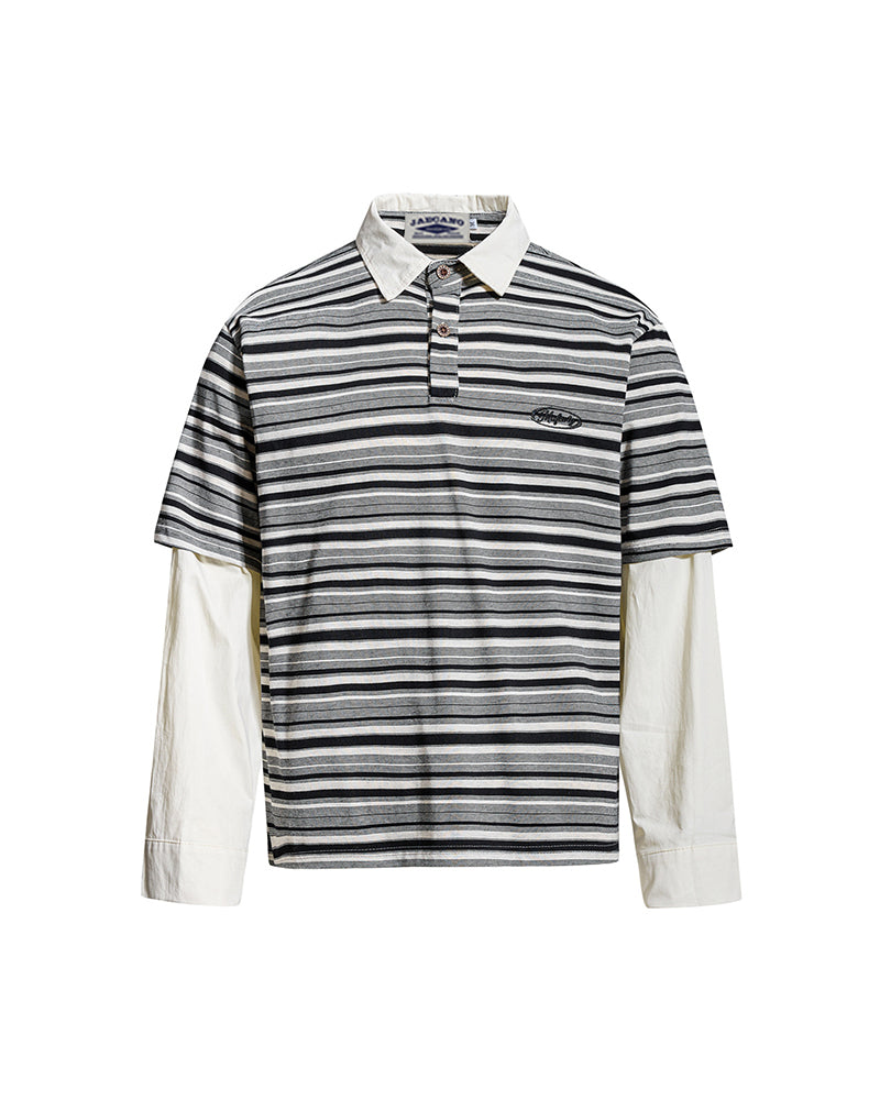 Retro-style faux two-piece polo long-sleeved shirt