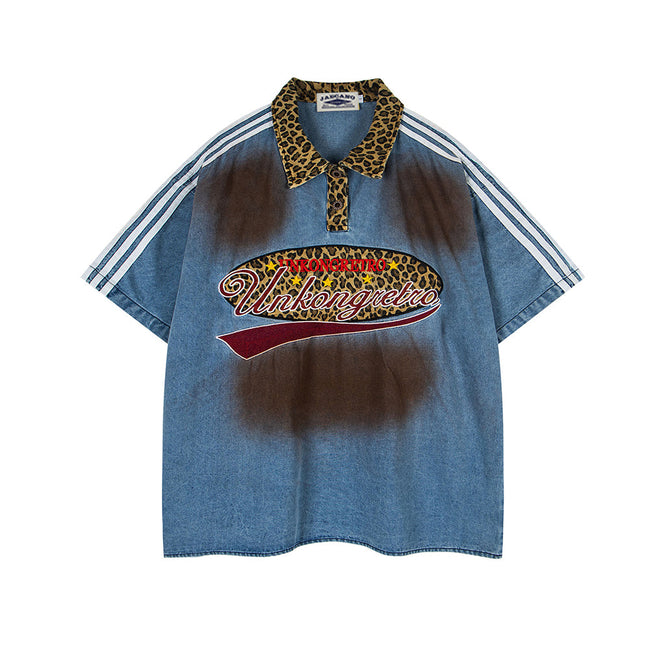Distressed embroidered denim short-sleeved shirt Hover Image