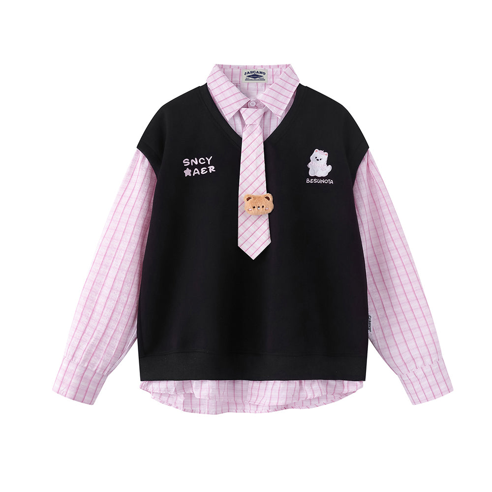 Retro patchwork fake two-piece sweatshirt