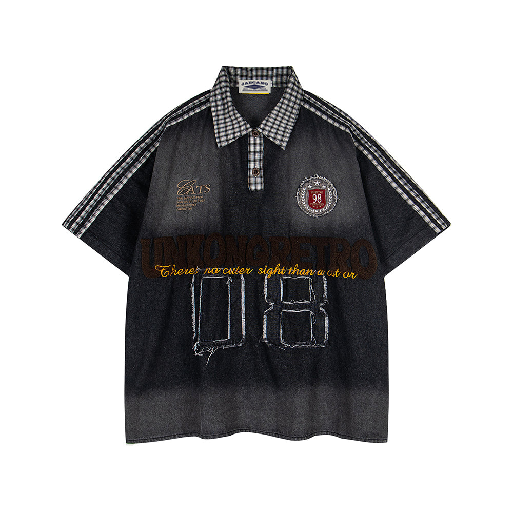 Washed patchwork short-sleeved shirt