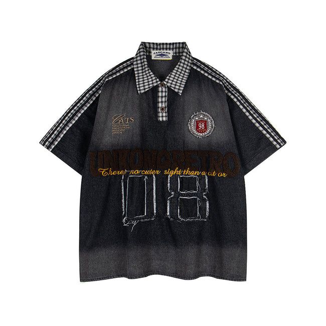 Washed patchwork short-sleeved shirt Hover Image