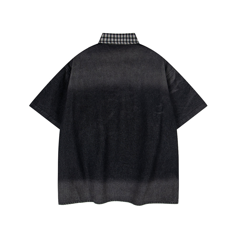 Washed patchwork short-sleeved shirt