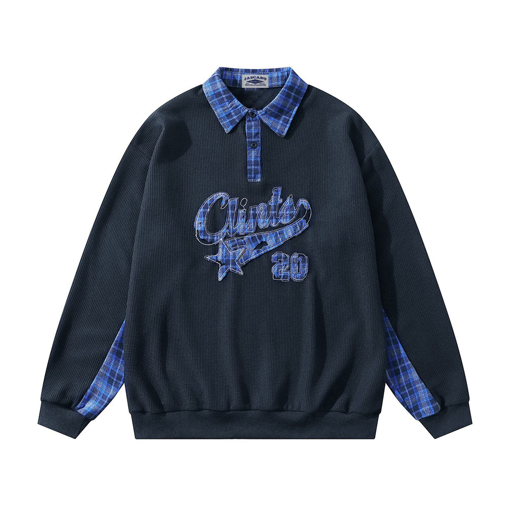 Plaid panel lapel sweatshirt